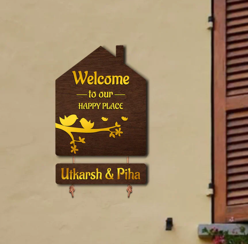 Premium 3D Brown Hut Style Name Plate With Golden Acrylic